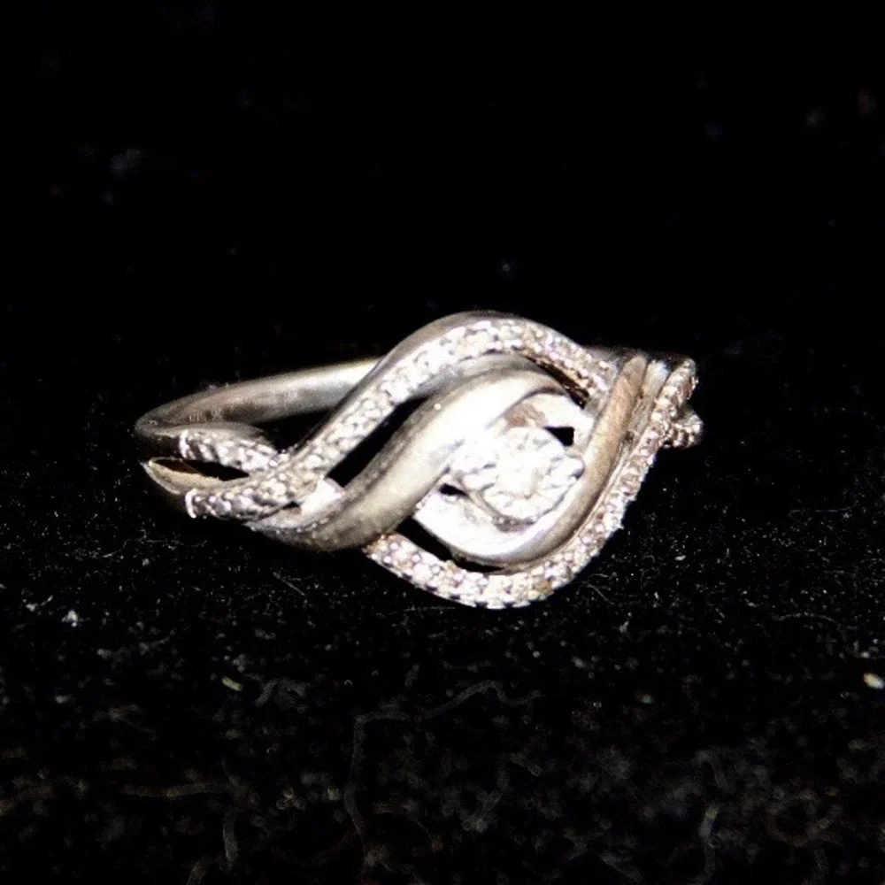 Sterling Silver 925 Bypass‎ Swirl Ring Round Accent Pave Crystal Band Size 7